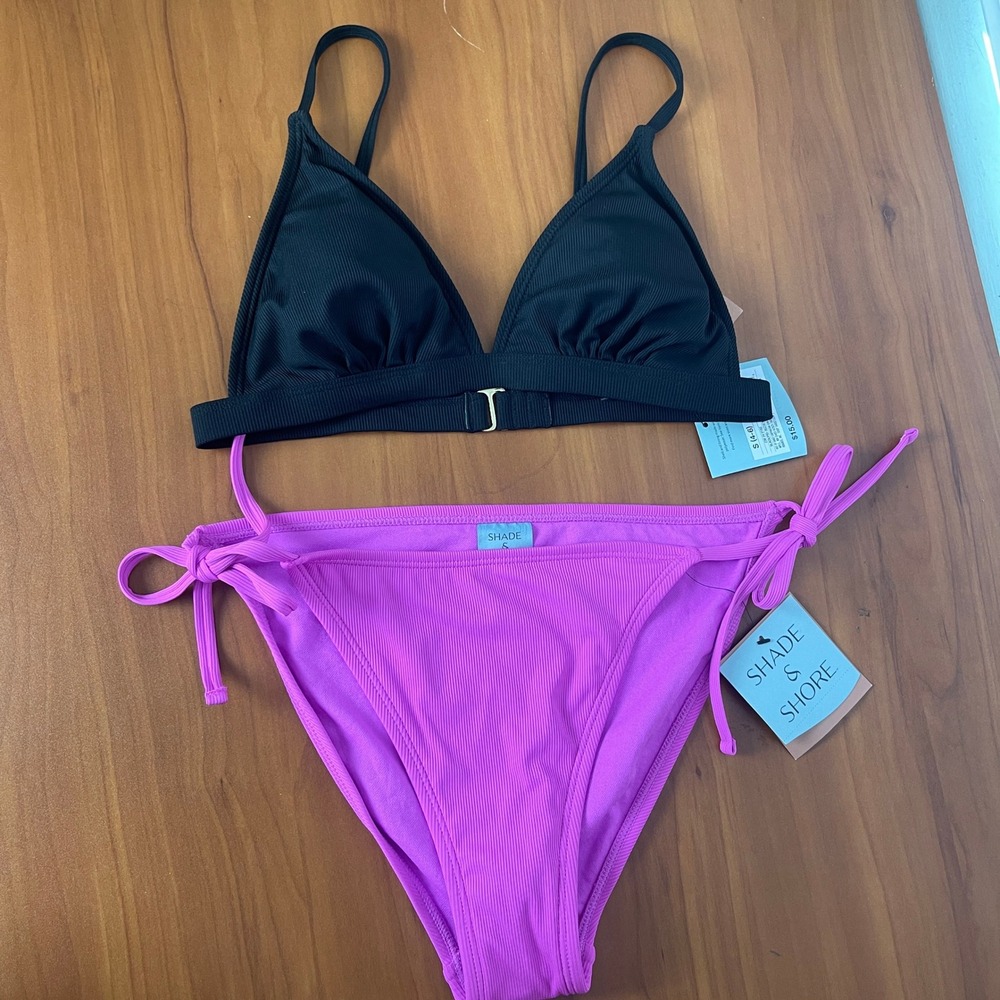 Shade & Shore‎ 2-piece Ribbed Bikini Black Triangle Top & Low Rise Bottoms Small